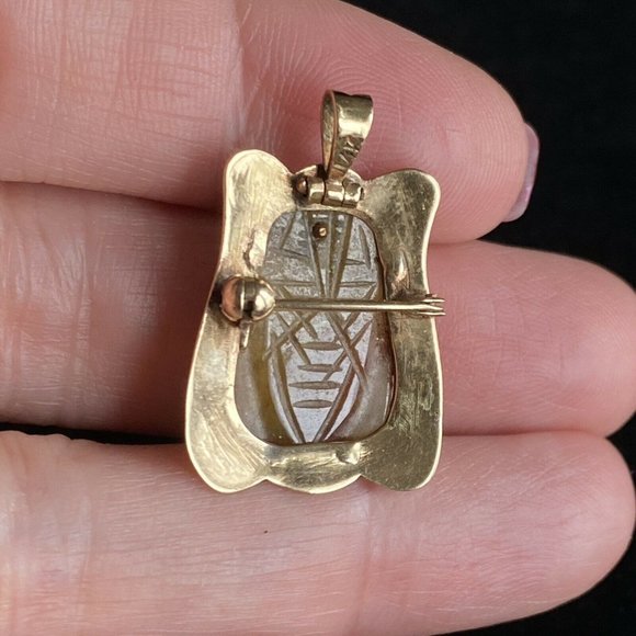 c1976 Carved Jade Cicada 14K Gold Handmade Pendant Brooch Combo Vintage Jewelry - Picture 8 of 12